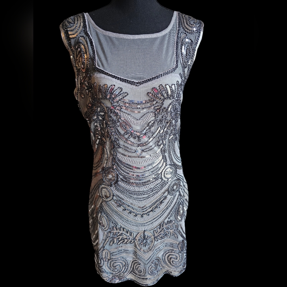 Unique Vintage Gray Gatsby/ Flapper Style Dress - Medium